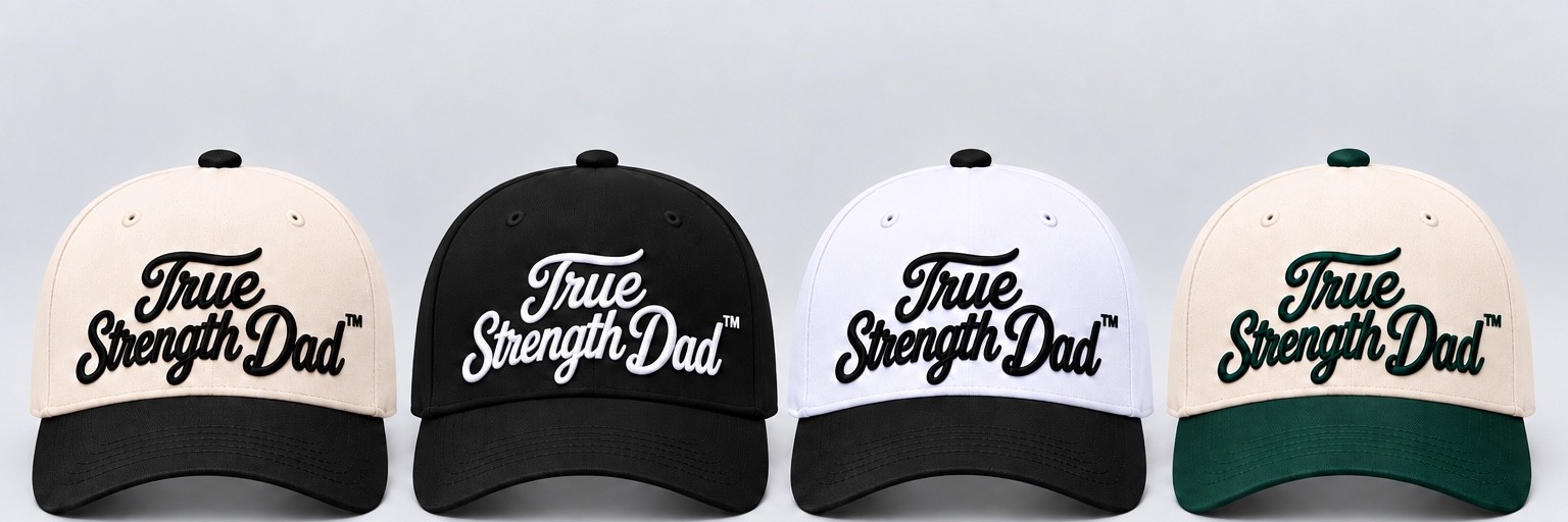 Front view of True Strength Dad script-logo hats in four colorways
