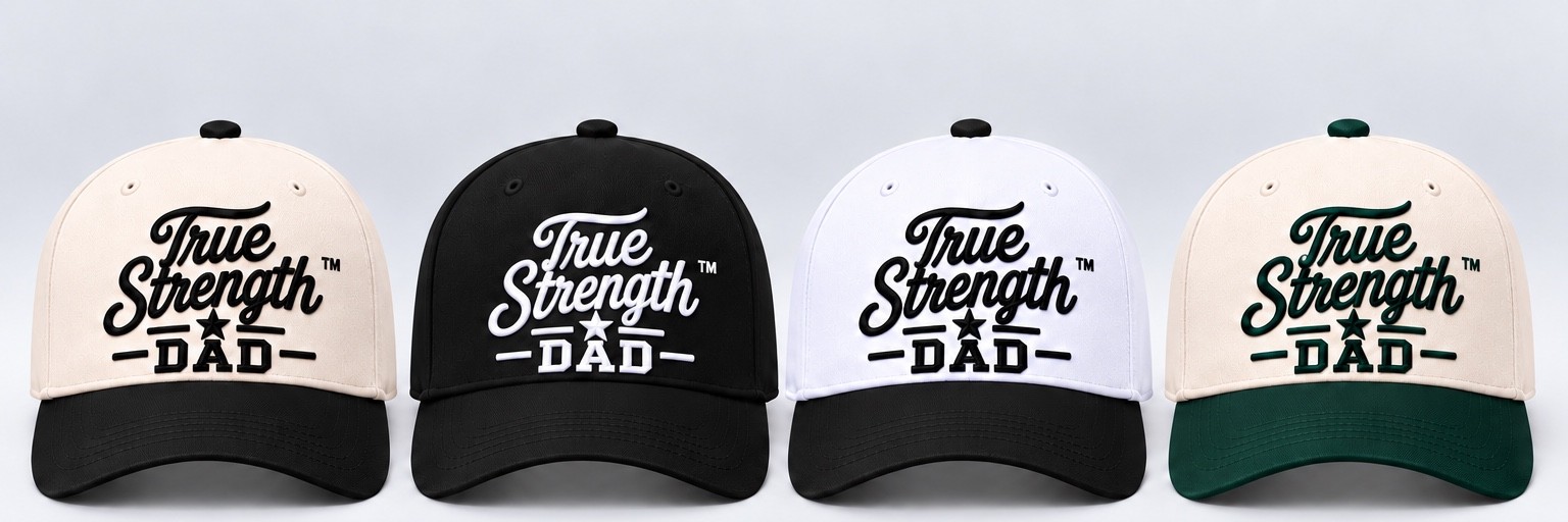 Front view of True Strength Dad stacked-logo hats in four colorways
